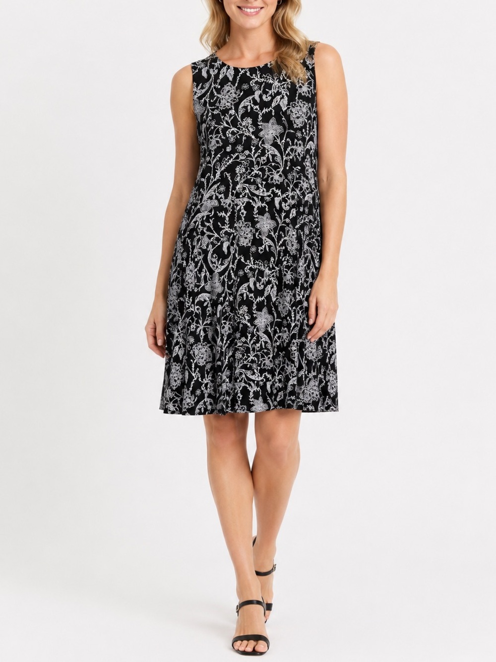 J. Jill Wearever Dress Womens M Black Floral Paisley Sleeveless A-Line Travel